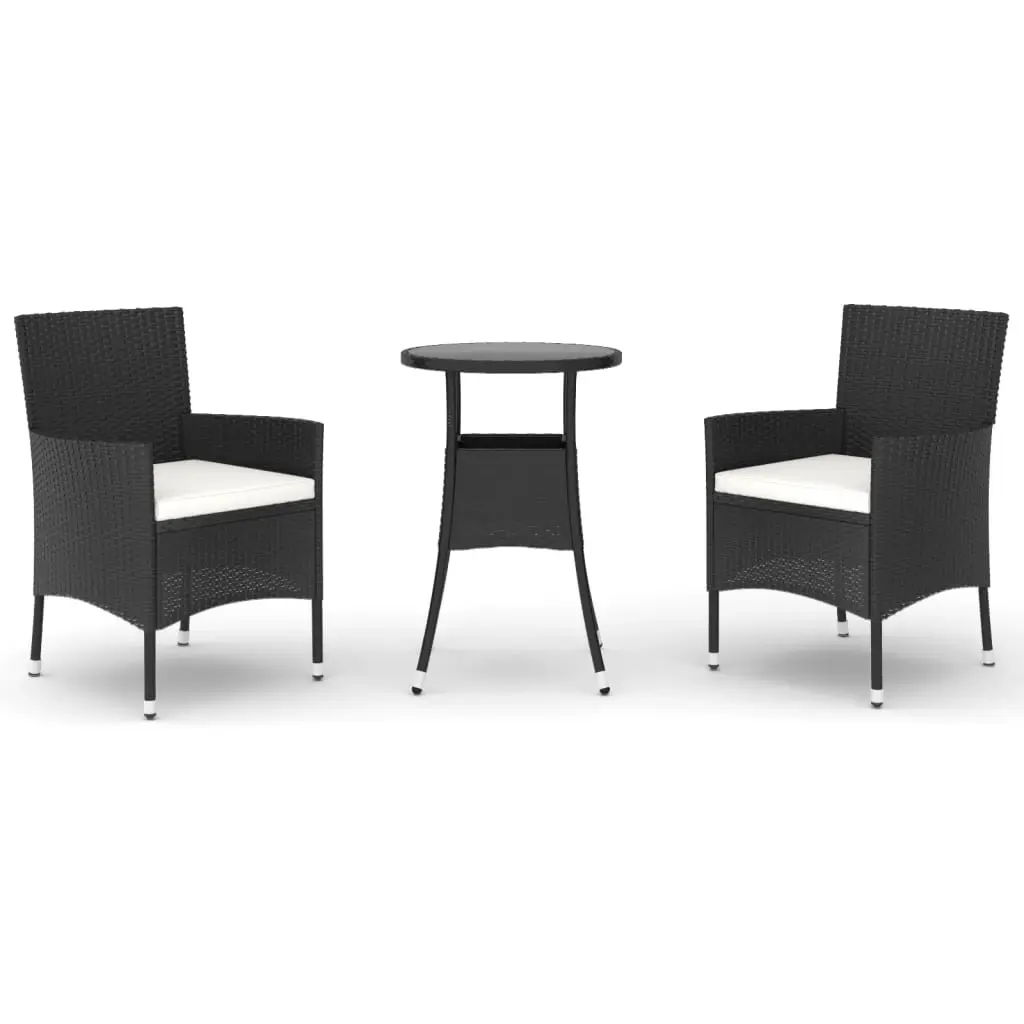 3 Piece Garden Bistro Set with Cushions Black Poly Rattan 3187414 - Furniture