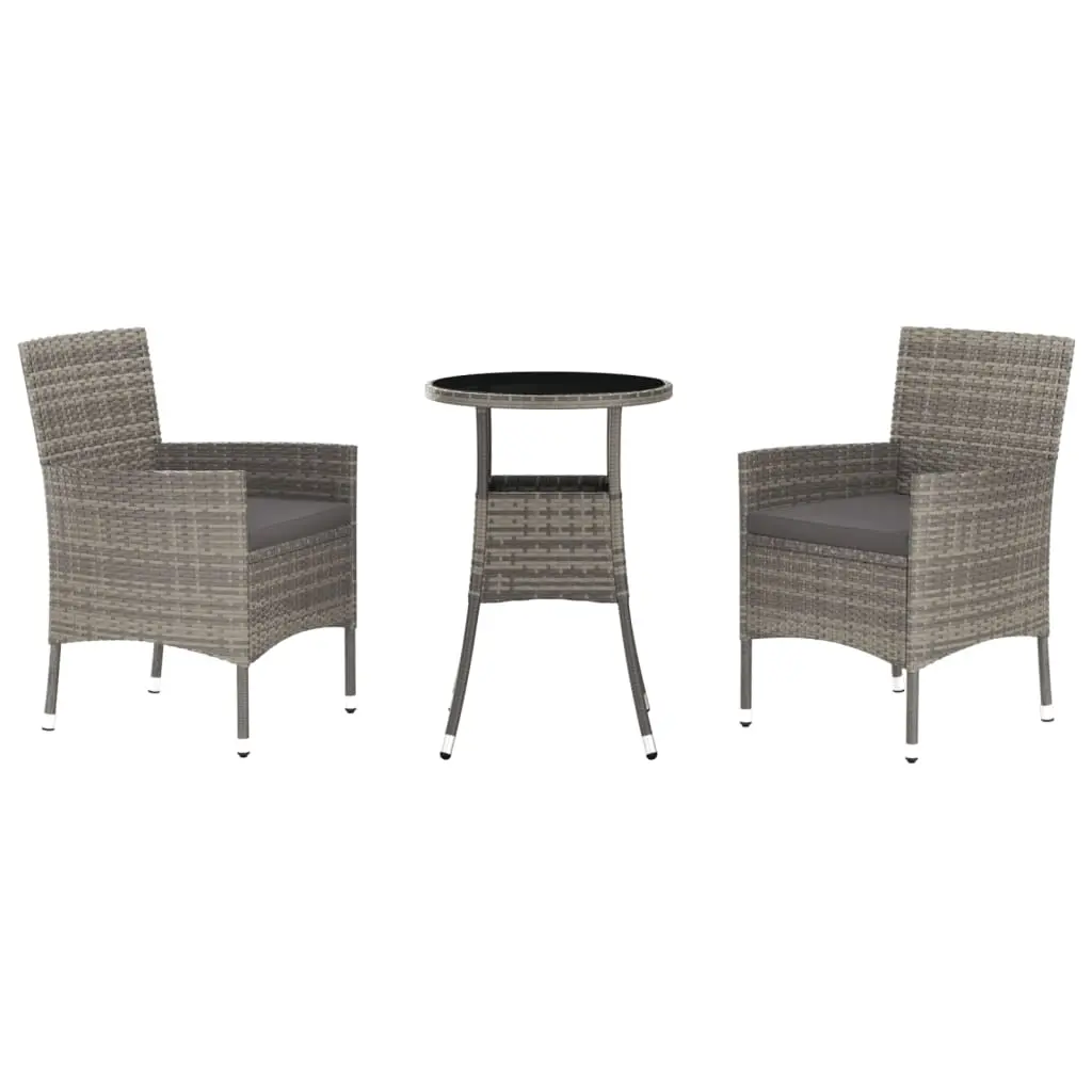 3 Piece Garden Bistro Set with Cushions Grey Poly Rattan 3187418 - Furniture