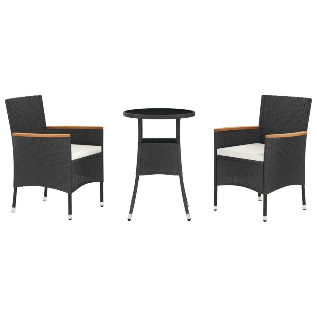 3 Piece Garden Bistro Set with Cushions Black Poly Rattan 3187422 - Furniture