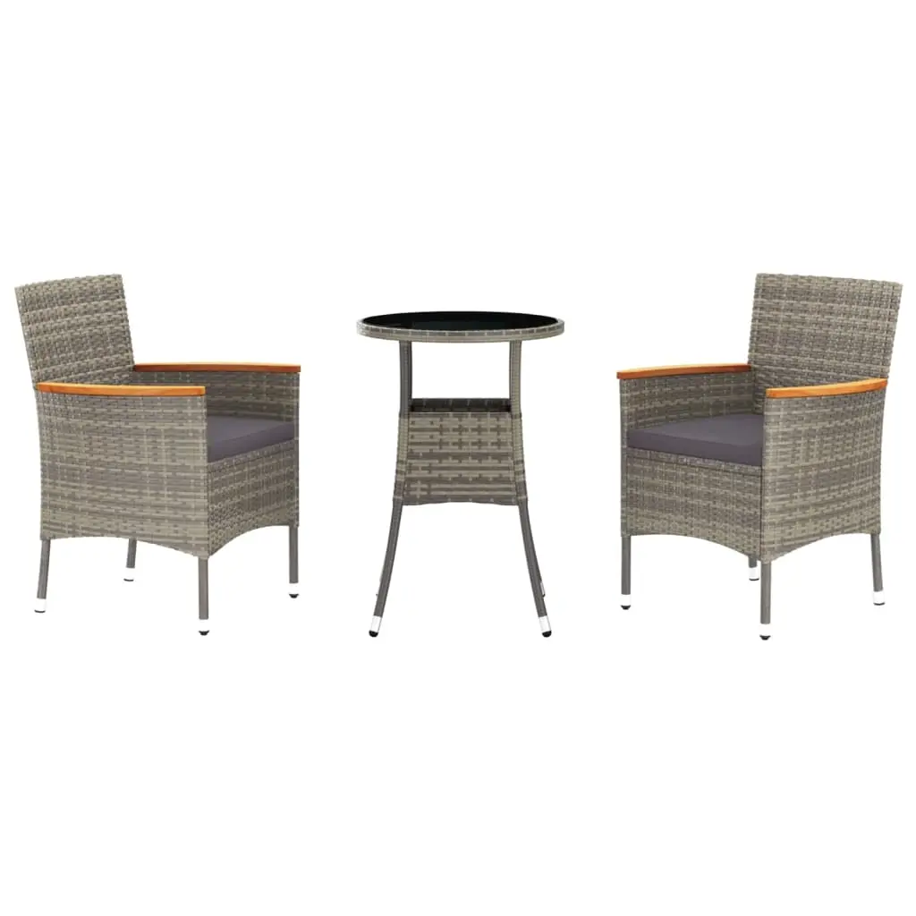3 Piece Garden Bistro Set with Cushions Grey Poly Rattan 3187424 - Furniture