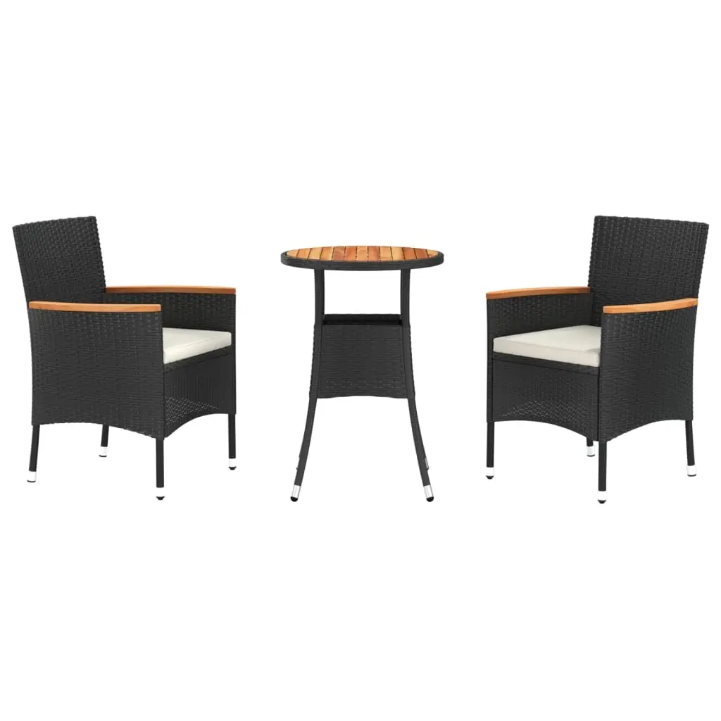 3 Piece Garden Bistro Set with Cushions Black Poly Rattan 3187428 - Furniture