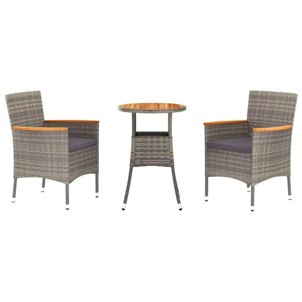 3 Piece Garden Bistro Set with Cushions Grey Poly Rattan 3187430 - Furniture