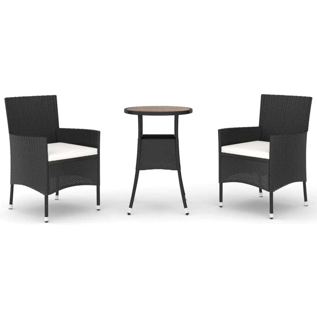 3 Piece Garden Bistro Set with Cushions Black Poly Rattan 3187432 - Furniture
