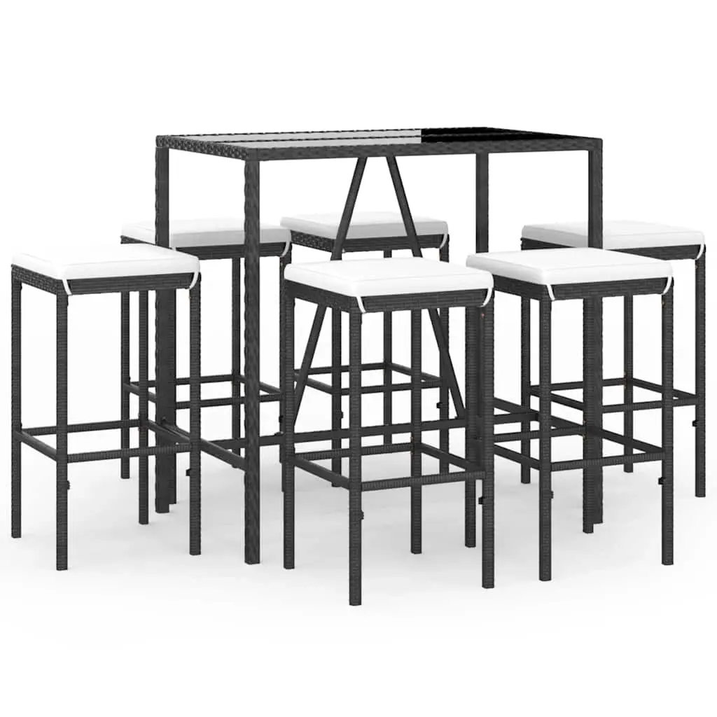 7 Piece Garden Bar Set with Cushions Black Poly Rattan 3187635 - Furniture