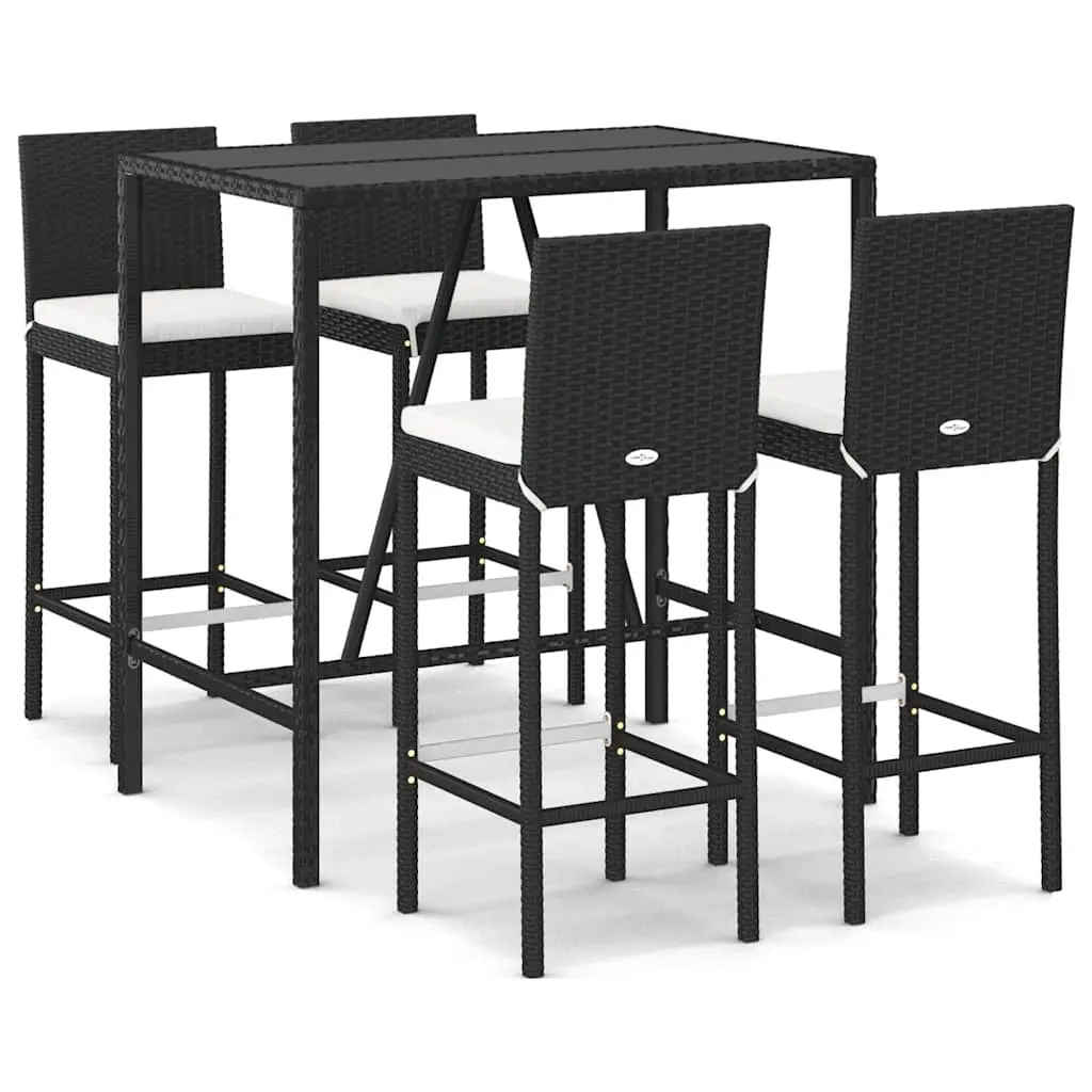 5 Piece Outdoor Bar Set with Cushions Black Poly Rattan 3187643 - Furniture