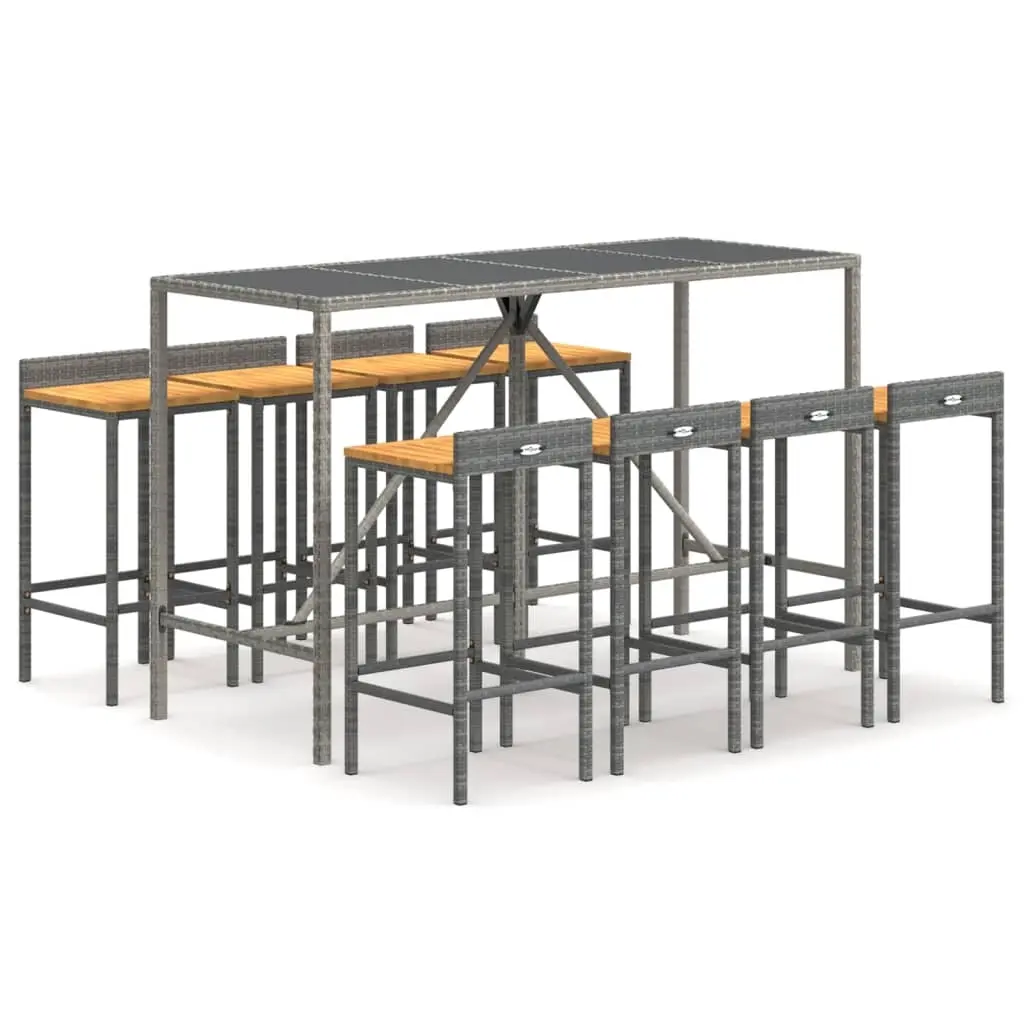 9 Piece Garden Bar Set Grey Poly Rattan& Solid Wood Acacia 3187681 - Furniture