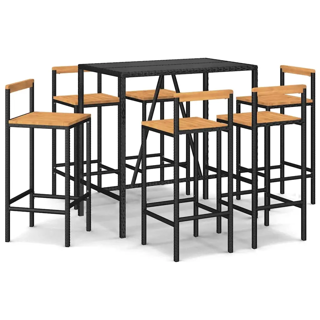 7 Piece Garden Bar Set Black Poly Rattan& Solid Wood Acacia 3187694 - Furniture