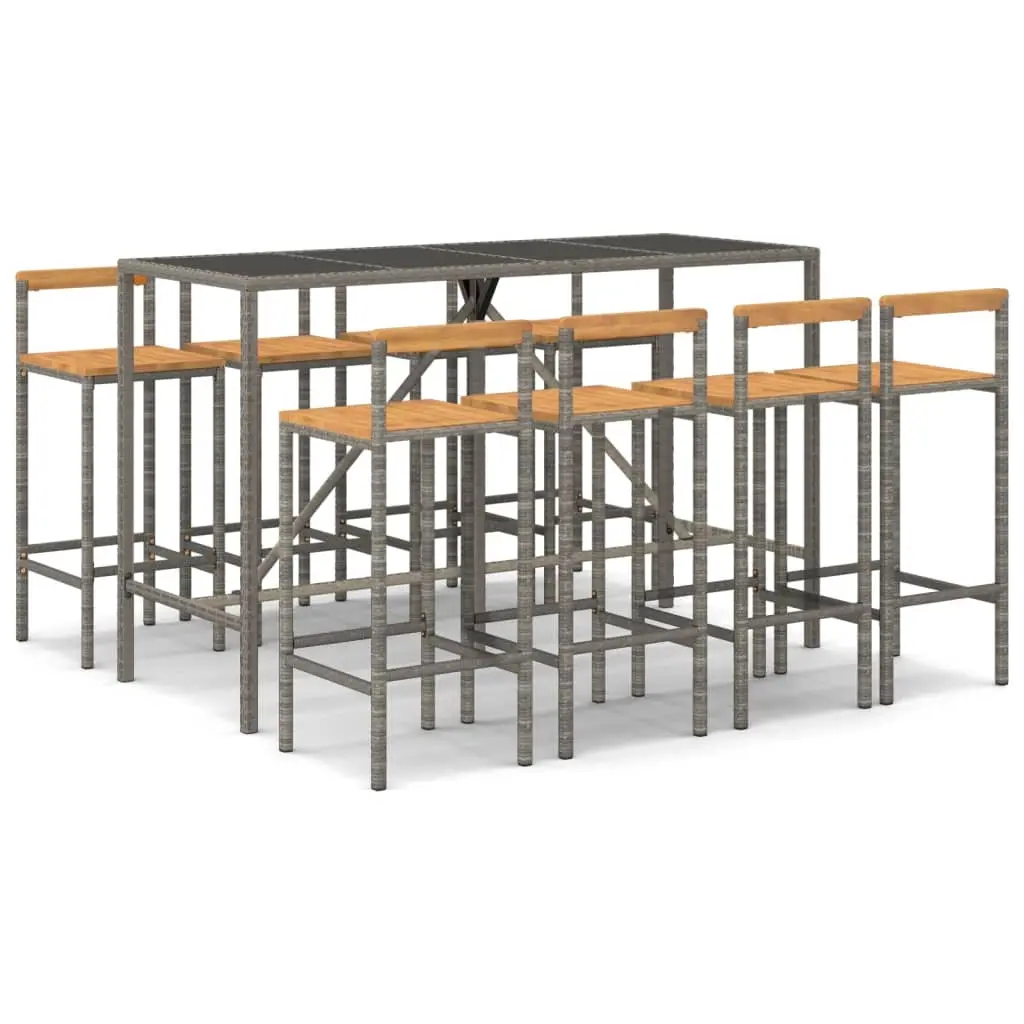 9 Piece Garden Bar Set Grey Poly Rattan& Solid Wood Acacia 3187697 - Furniture