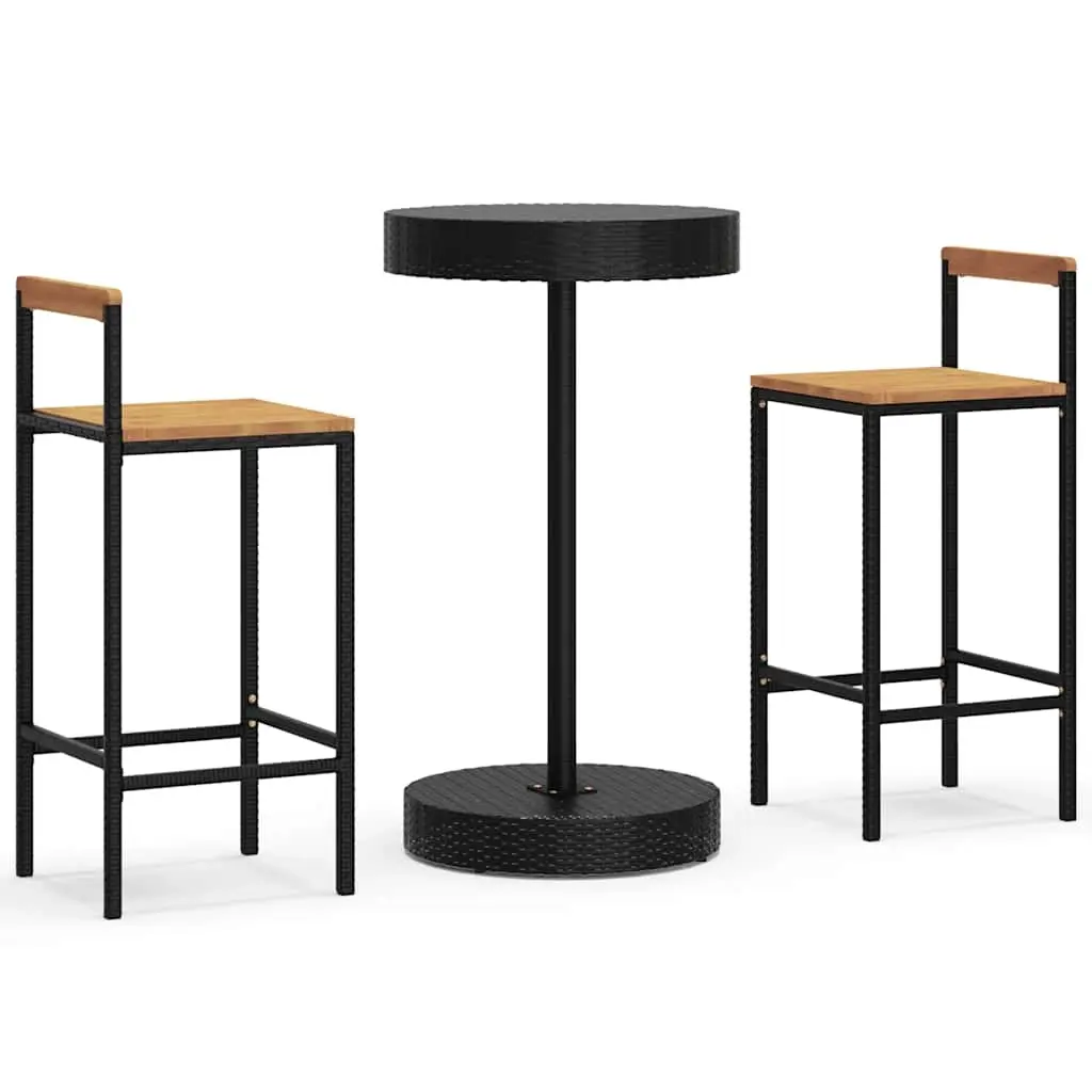 3 Piece Garden Bar Set Black Poly Rattan&Solid Wood Acacia 3187718 - Furniture