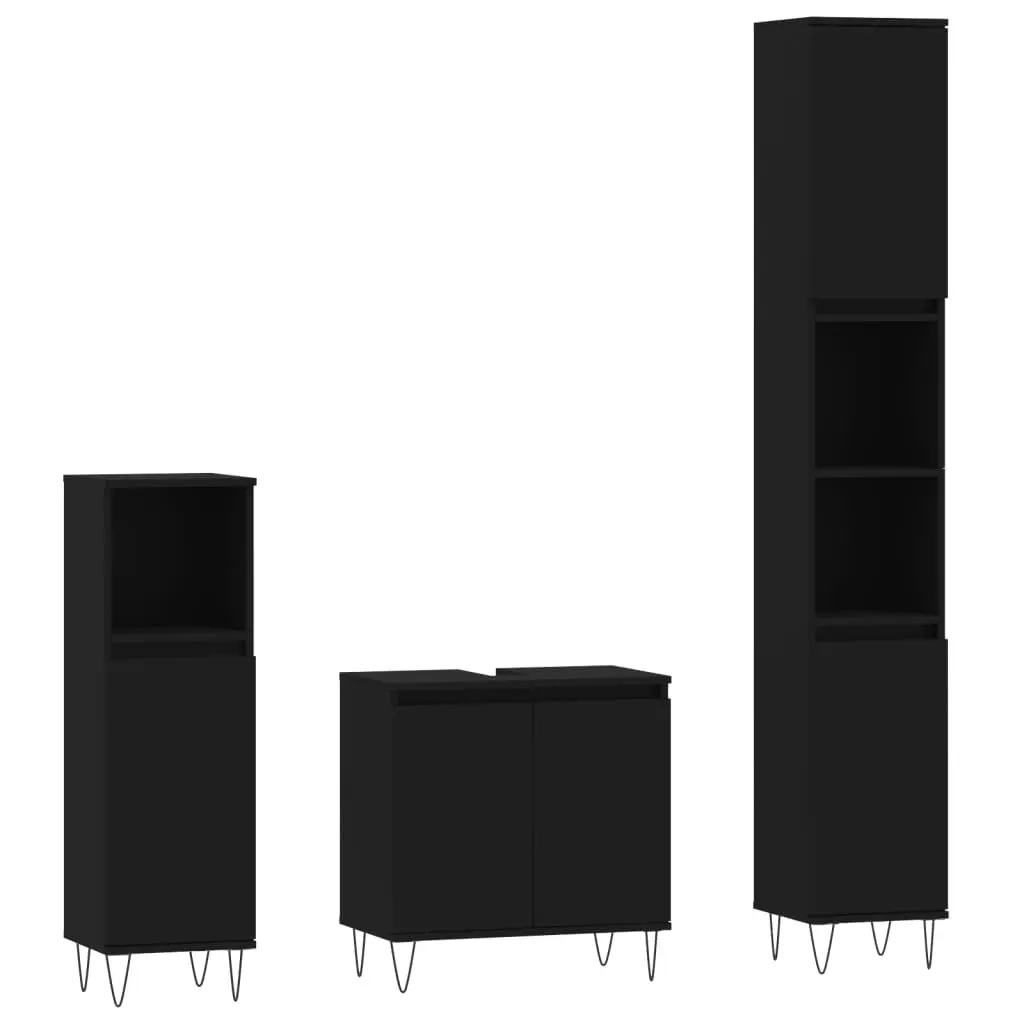 3 Piece Bathroom Cabinet Set Black Engineered Wood 3187790 - Furniture