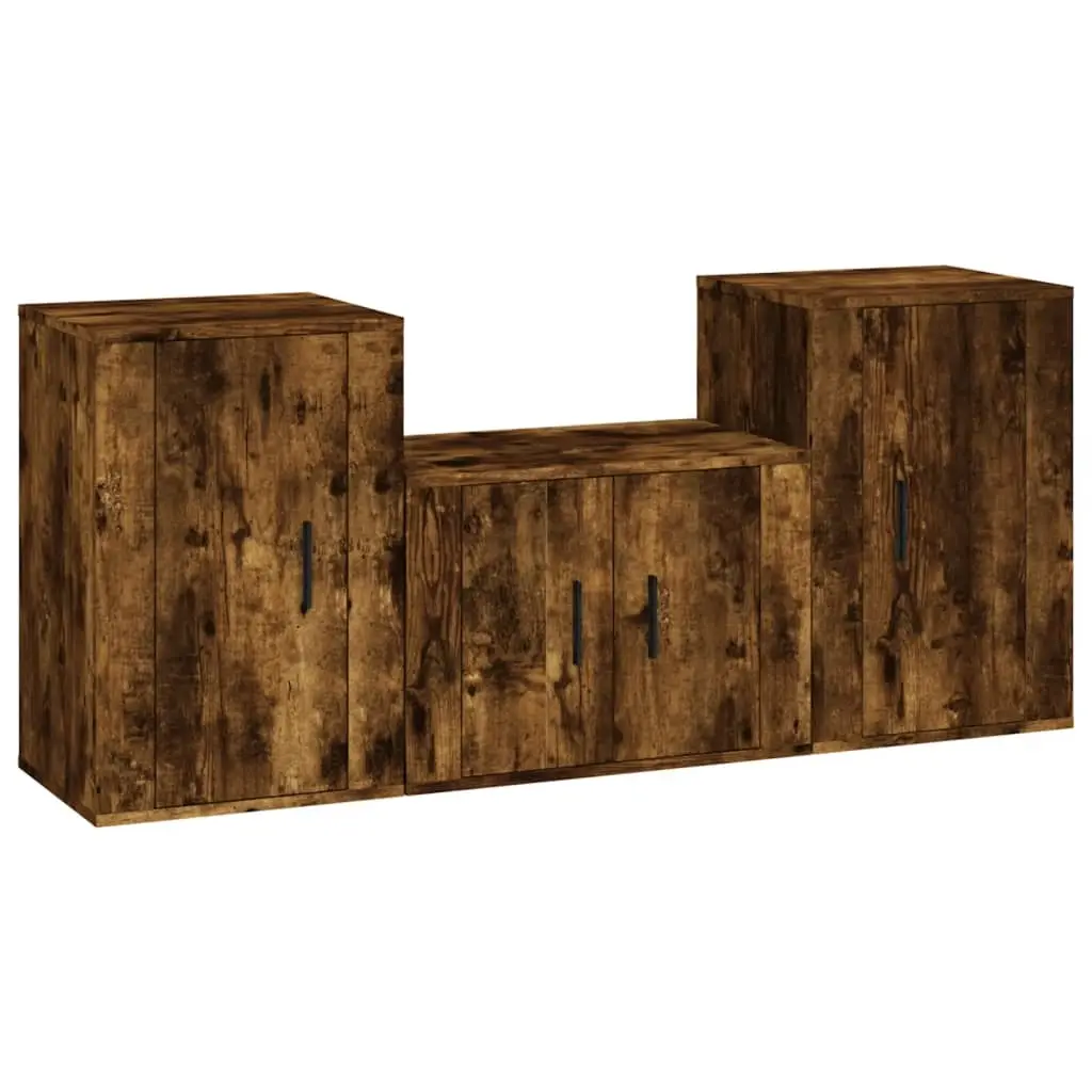3 Piece TV Cabinet Set Smoked Oak Engineered Wood 3188499 - Furniture