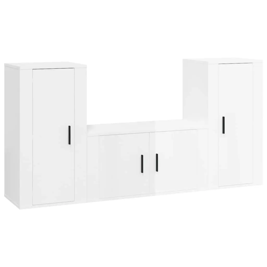 3 Piece TV Cabinet Set High Gloss White Engineered Wood 3188528 - Furniture