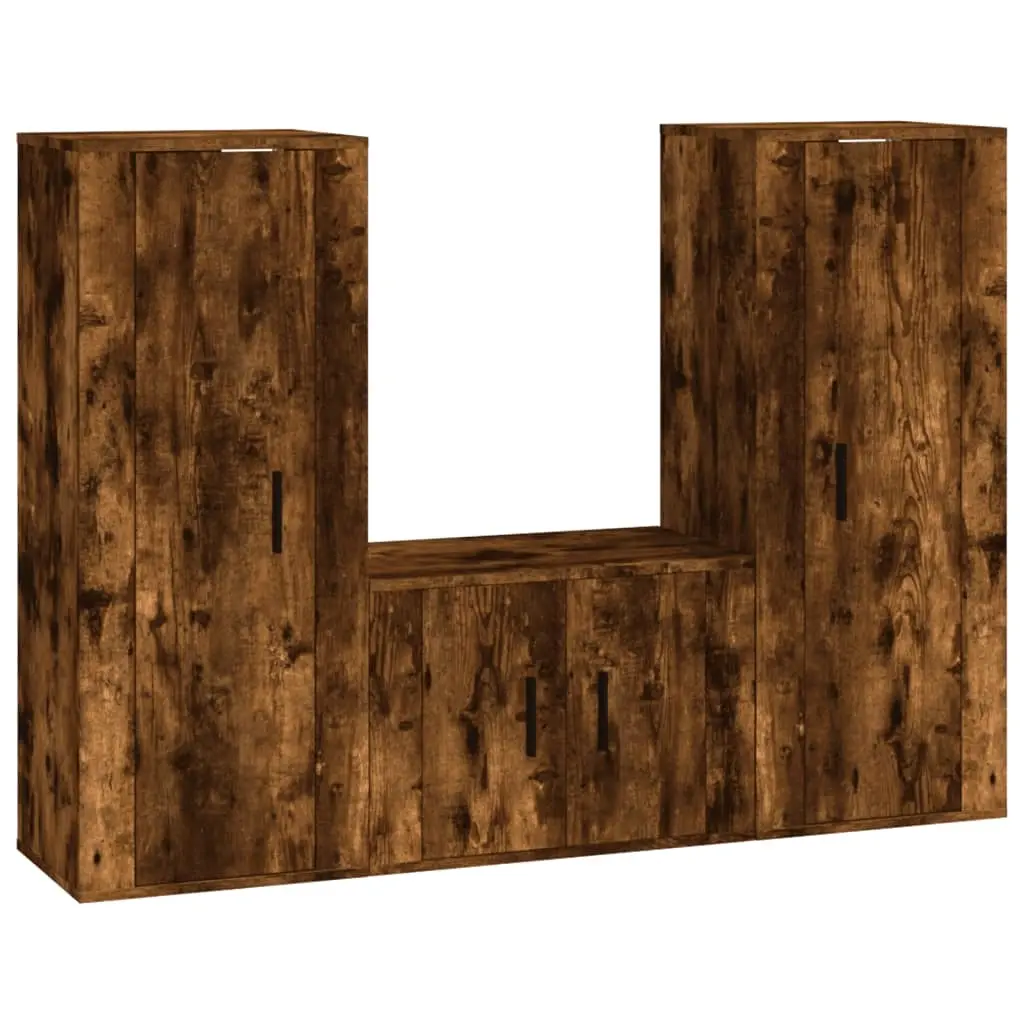 3 Piece TV Cabinet Set Smoked Oak Engineered Wood 3188747 - Furniture