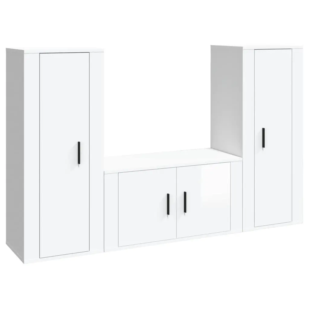 3 Piece TV Cabinet Set High Gloss White Engineered Wood 3188752 - Furniture