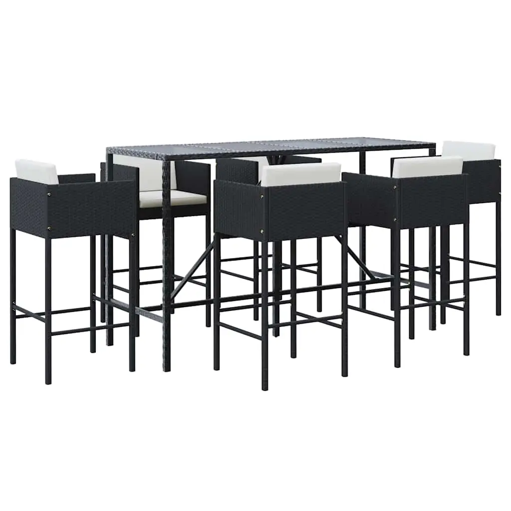 7 Piece Garden Bar Set with Cushions Black Poly Rattan 3200651 - Furniture