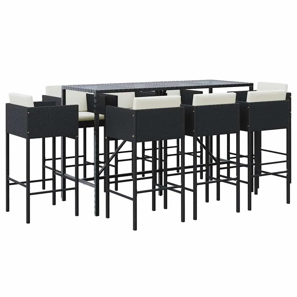 9 Piece Garden Bar Set with Cushions Black Poly Rattan 3200652 - Furniture