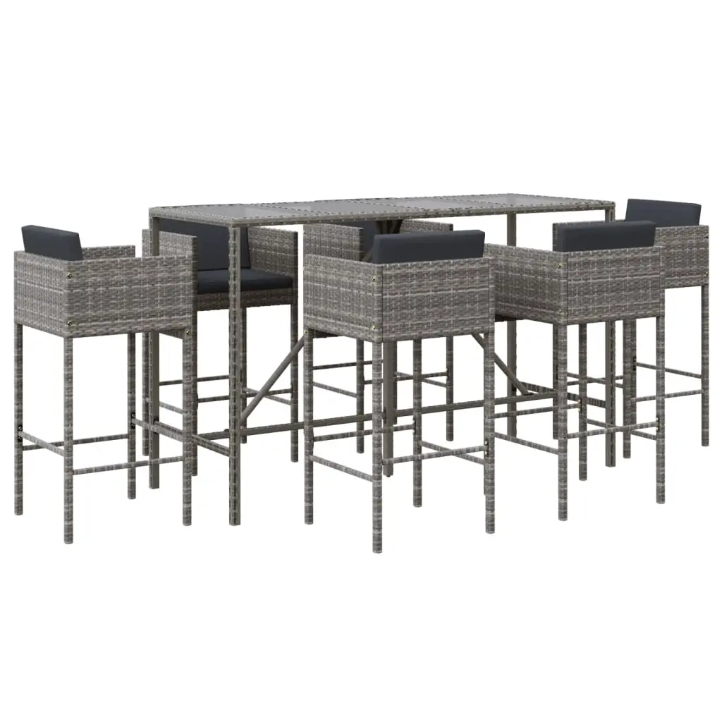 7 Piece Garden Bar Set with Cushions Grey Poly Rattan 3200653 - Furniture