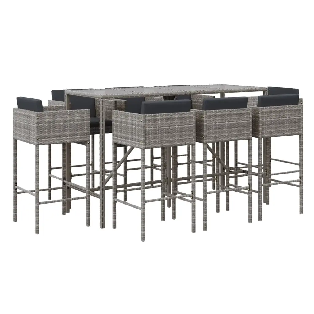 9 Piece Garden Bar Set with Cushions Grey Poly Rattan 3200654 - Furniture
