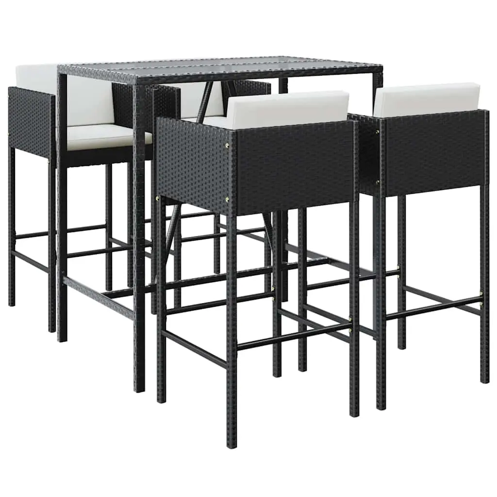 5 Piece Garden Bar Set with Cushions Black Poly Rattan 3200657 - Furniture