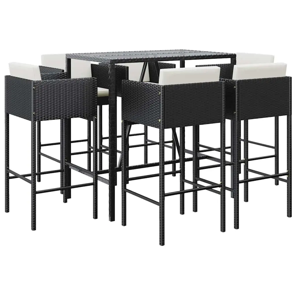 7 Piece Garden Bar Set with Cushions Black Poly Rattan 3200658 - Furniture