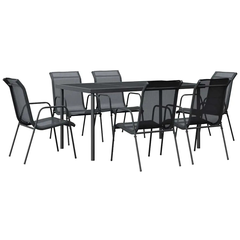7 Piece Garden Dining Set Black Steel and Textilene 3200679 - Furniture