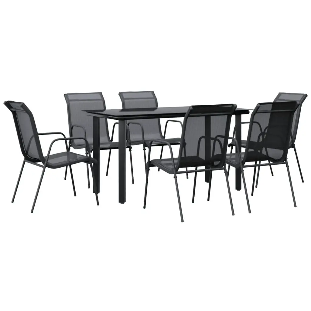 7 Piece Garden Dining Set Black Steel and Textilene 3200693 - Furniture