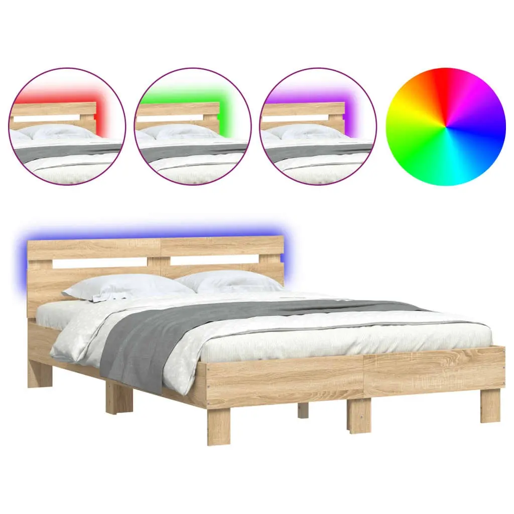 Bed Frame with LED without Mattress Sonoma Oak 135x190 cm 3207569 - Furniture