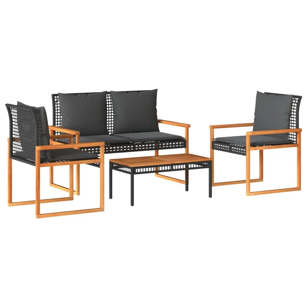 4 Piece Garden Lounge Set with Cushions Black Poly Rattan 365858 - Furniture