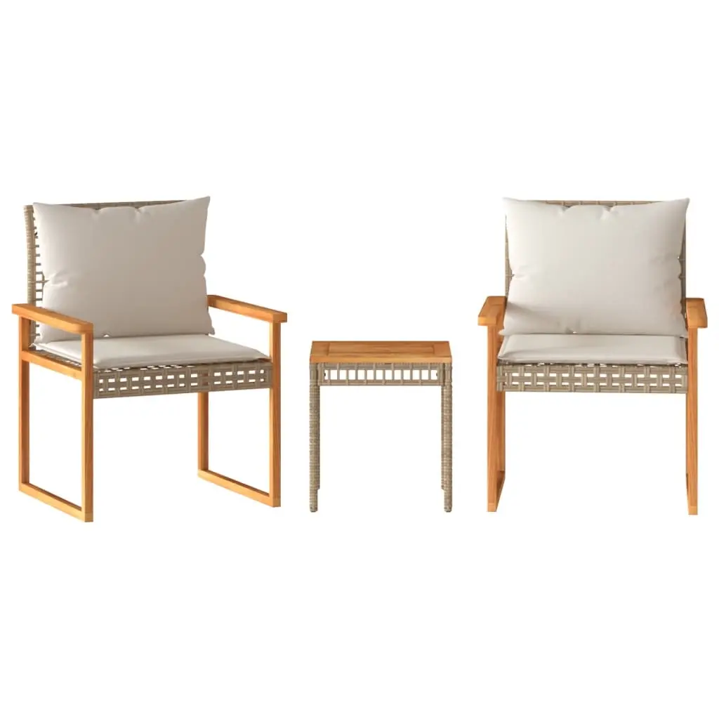 3 Piece Bistro Set with Cushions Mix Beige Poly Rattan Acacia Wood 365861 - Furniture
