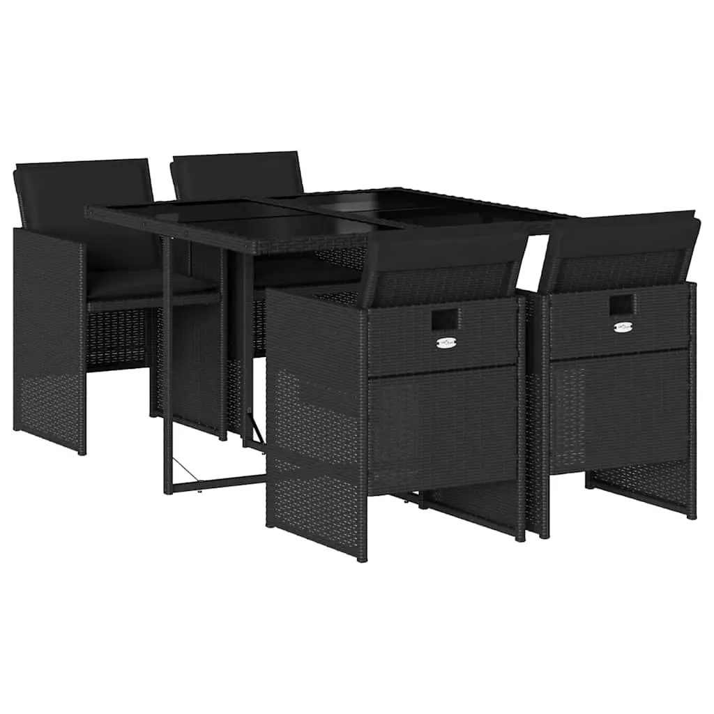 5 Piece Garden Dining Set with Cushions Black Poly Rattan 3210535 - Furniture
