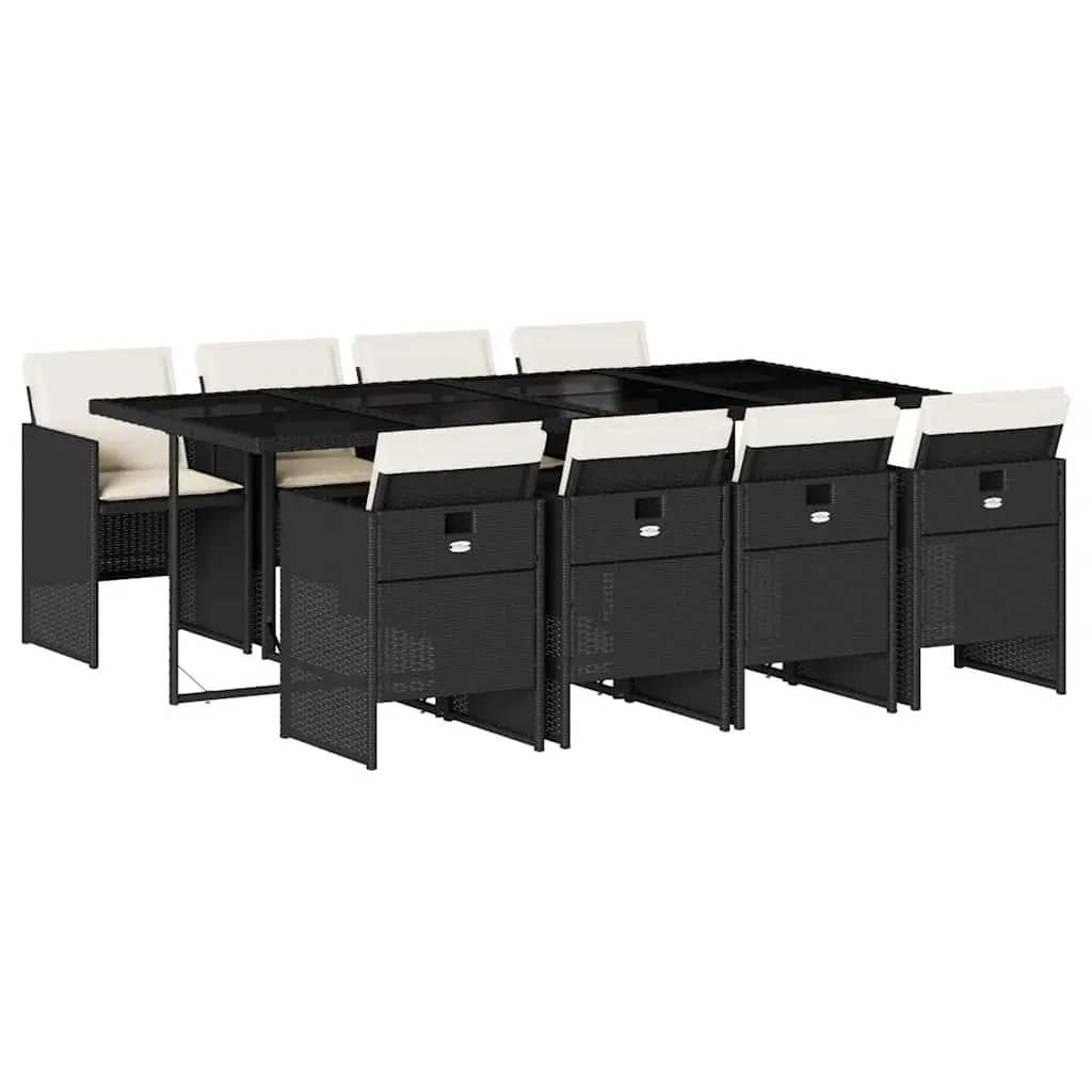 9 Piece Garden Dining Set with Cushions Black Poly Rattan 3210558 - Furniture