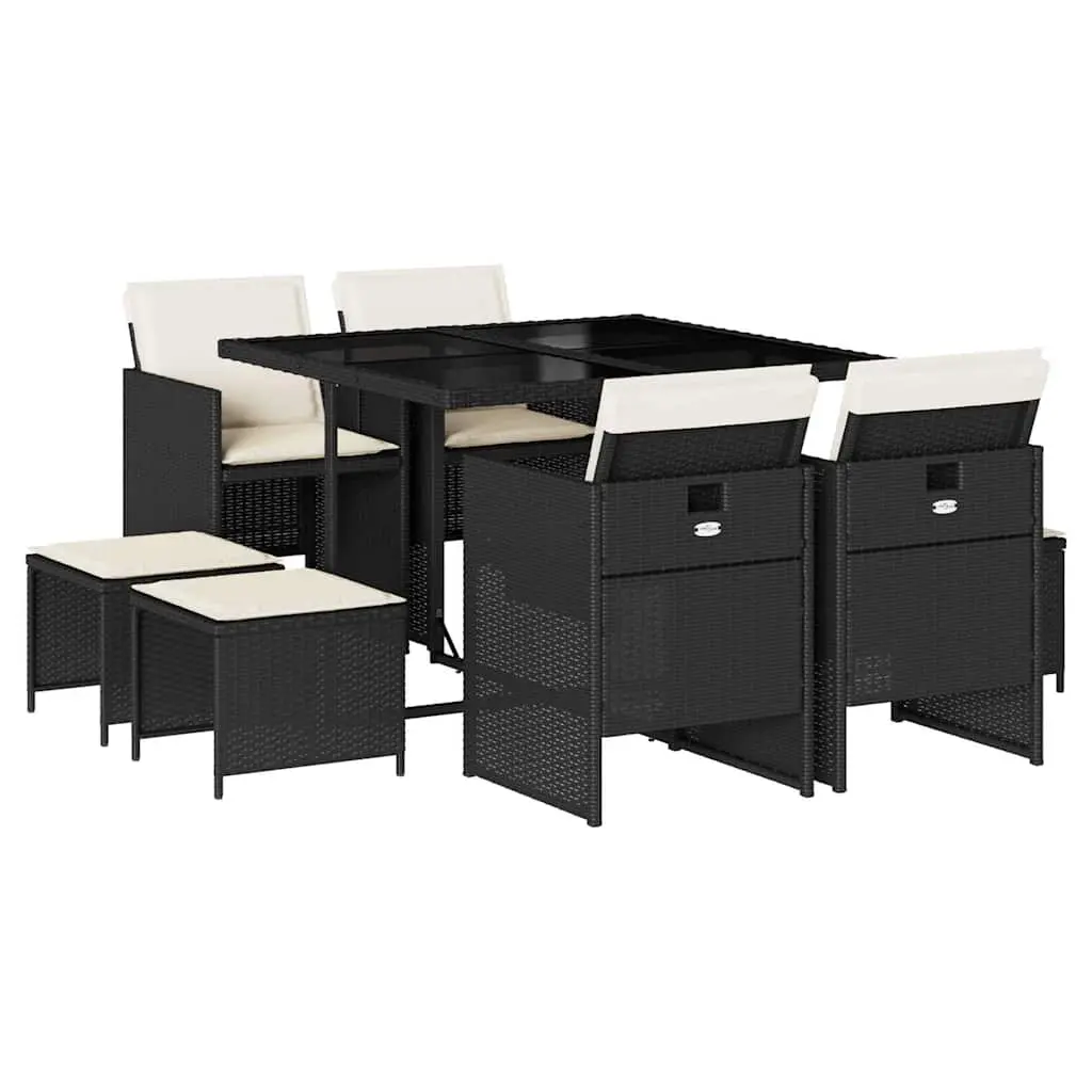 9 Piece Garden Dining Set with Cushions Black Poly Rattan 3210594 - Furniture