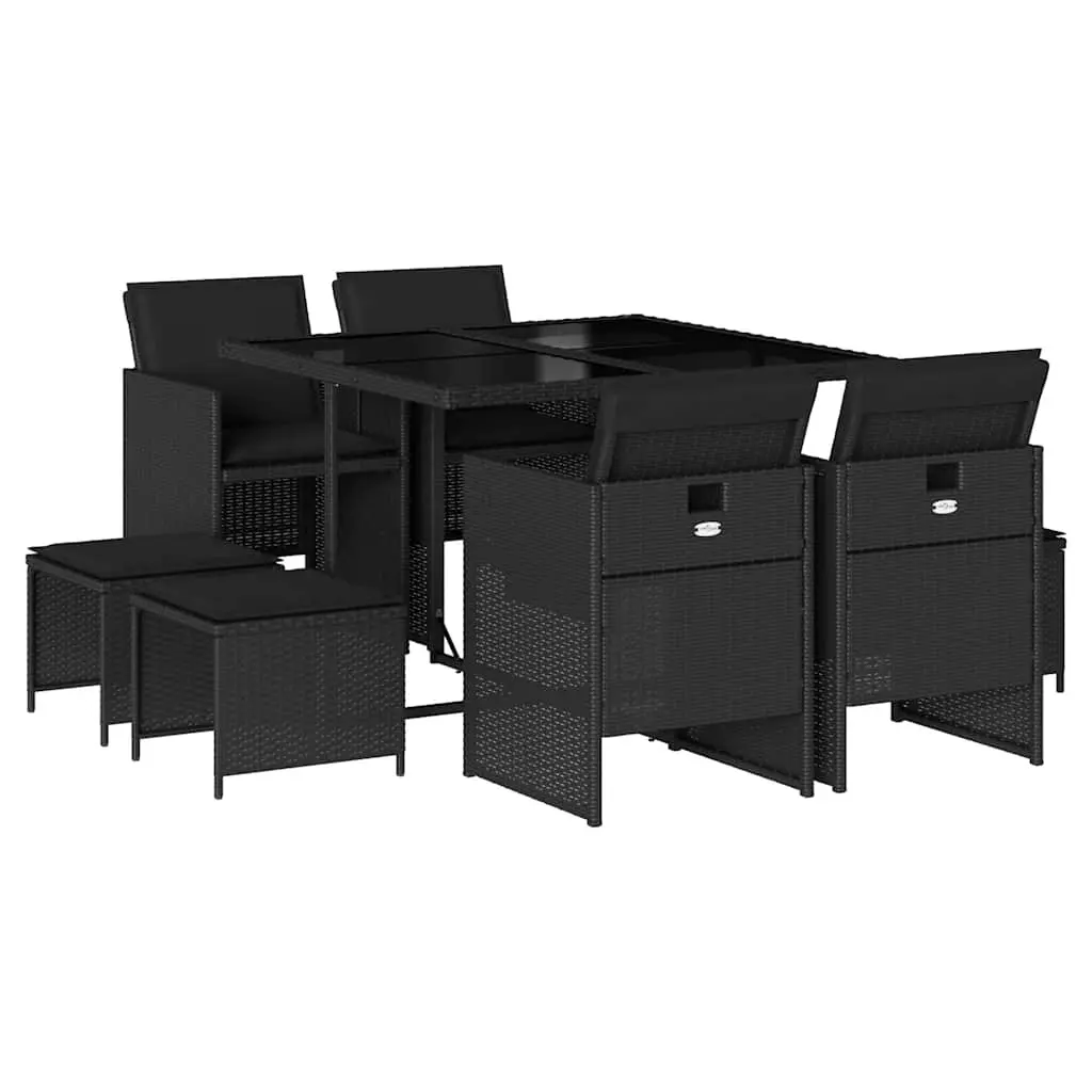 9 Piece Garden Dining Set with Cushions Black Poly Rattan 3210595 - Furniture