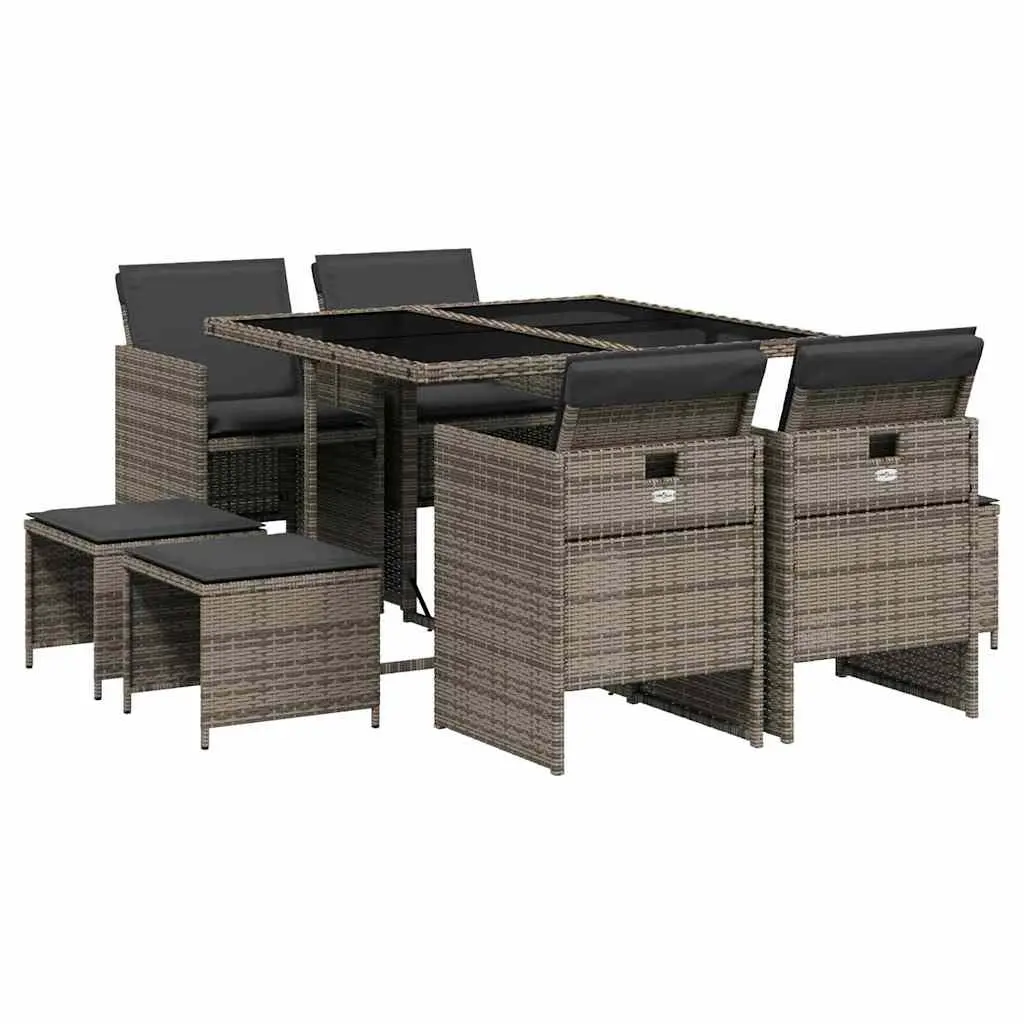 9 Piece Garden Dining Set with Cushions Grey Poly Rattan 3210596 - Furniture
