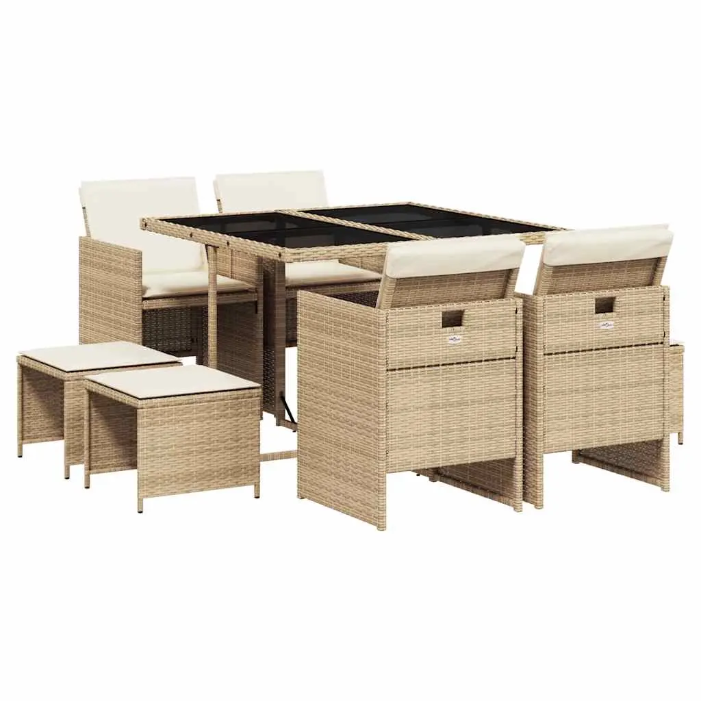9 Piece Garden Dining Set with Cushions Beige Poly Rattan 3210598 - Furniture