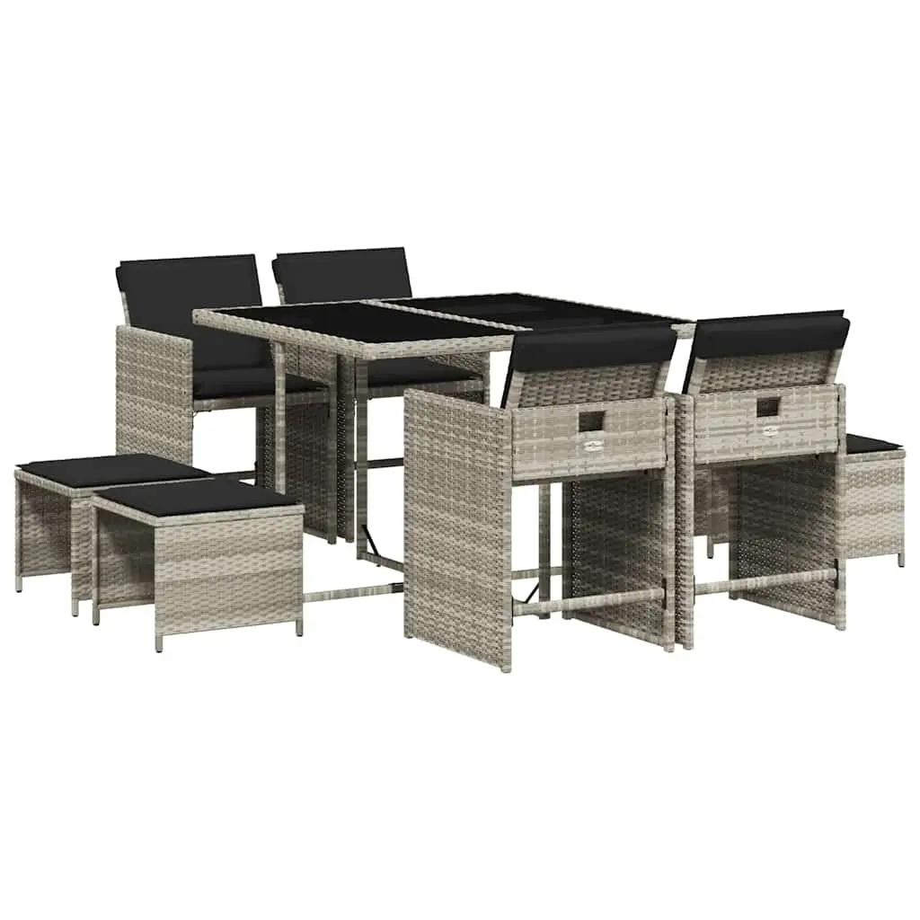 9 Piece Garden Dining Set with Cushions Light Grey Poly Rattan 3210599 - Furniture