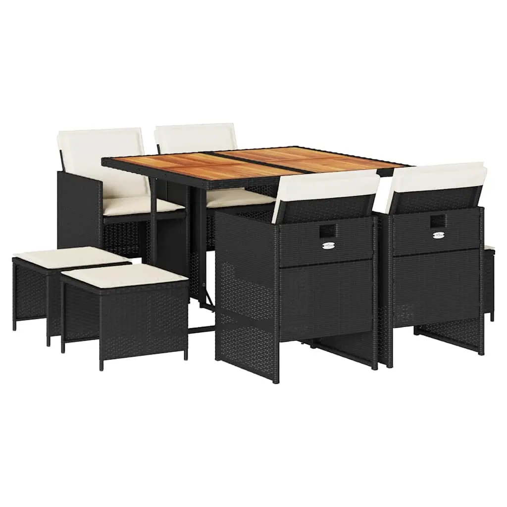 9 Piece Garden Dining Set with Cushions Black Poly Rattan 3210603 - Furniture