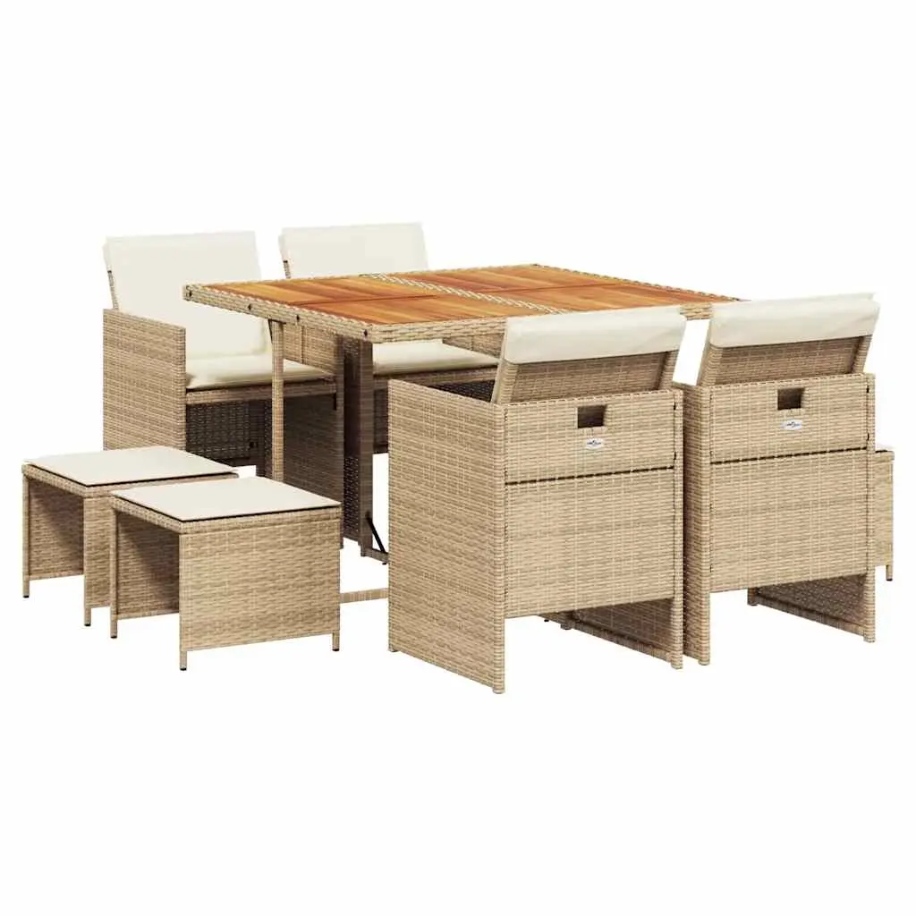 9 Piece Garden Dining Set with Cushions Beige Poly Rattan 3210604 - Furniture