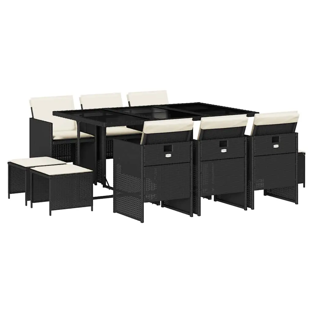 11 Piece Garden Dining Set with Cushions Black Poly Rattan 3210606 - Furniture