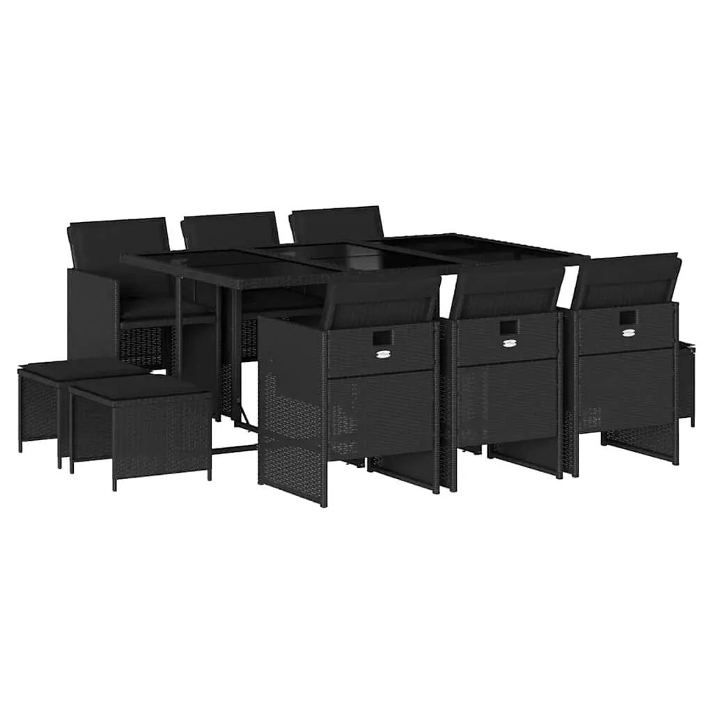 11 Piece Garden Dining Set with Cushions Black Poly Rattan 3210607 - Furniture