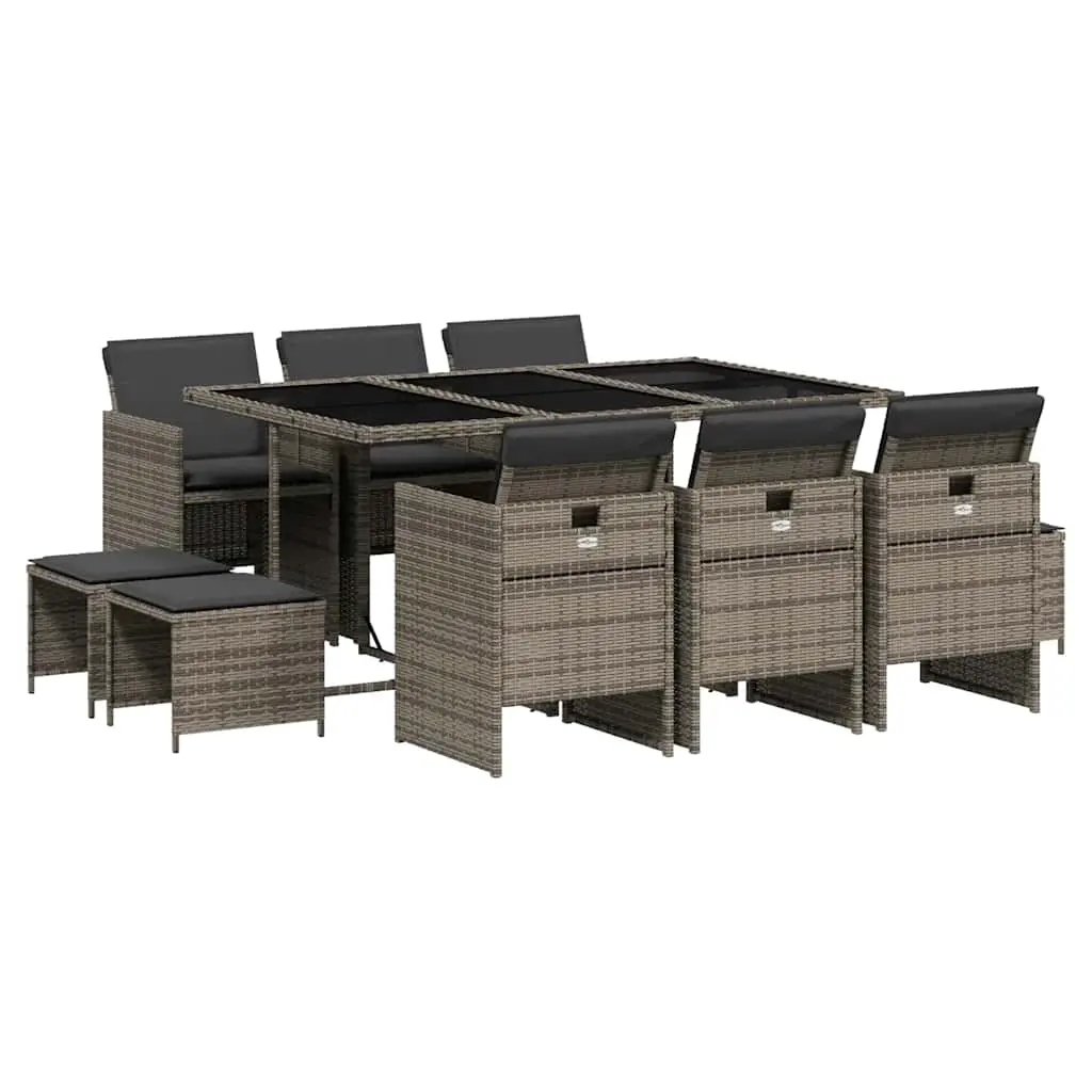 11 Piece Garden Dining Set with Cushions Grey Poly Rattan 3210608 - Furniture