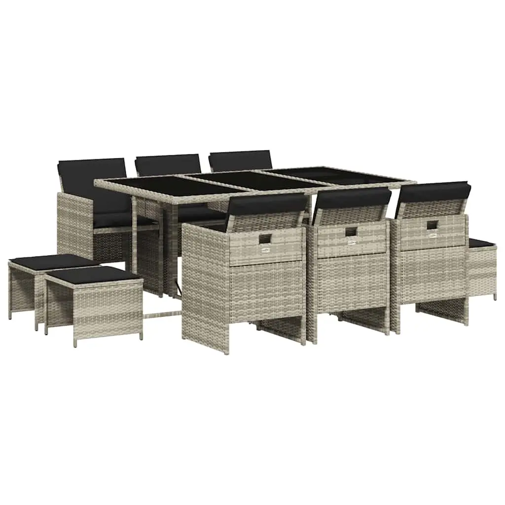 11 Piece Garden Dining Set with Cushions Light Grey Poly Rattan 3210611 - Furniture