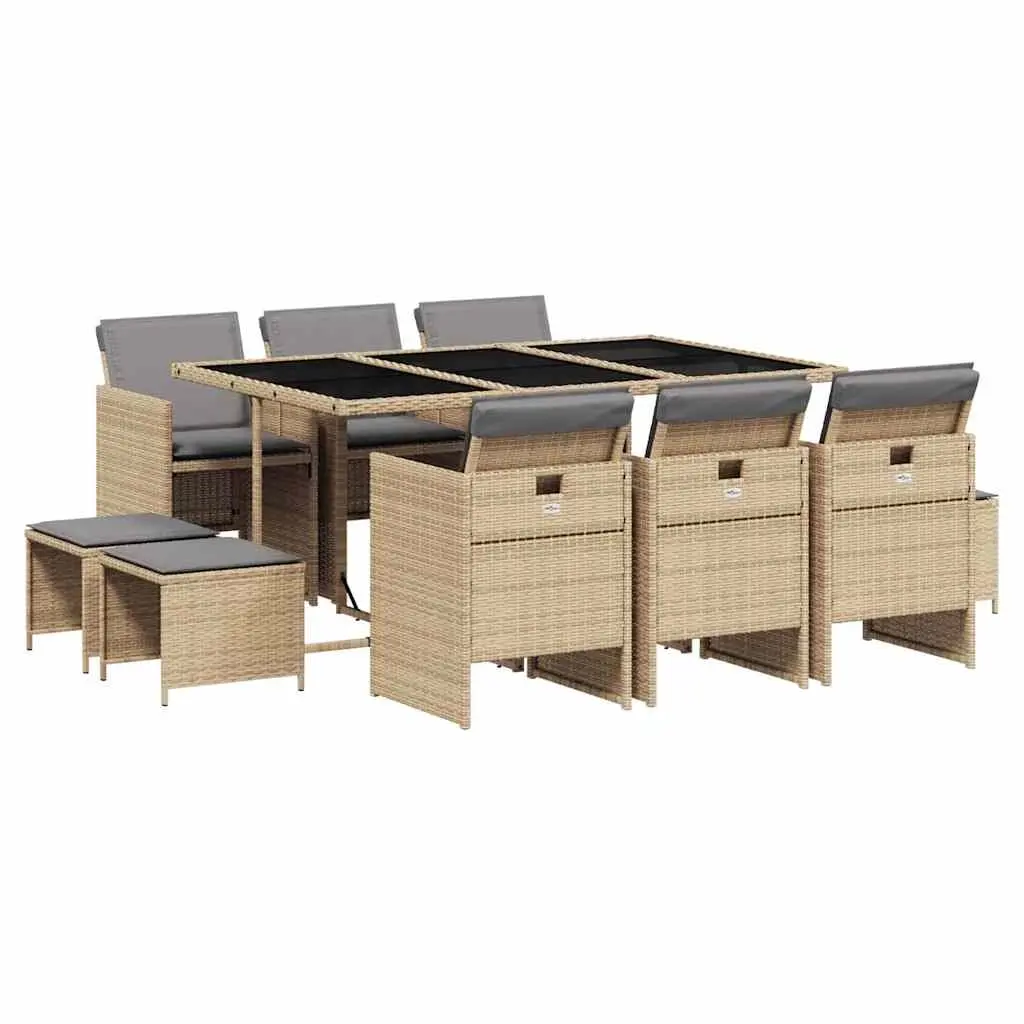 11 Piece Garden Dining Set with Cushions Mix Beige Poly Rattan 3210612 - Furniture