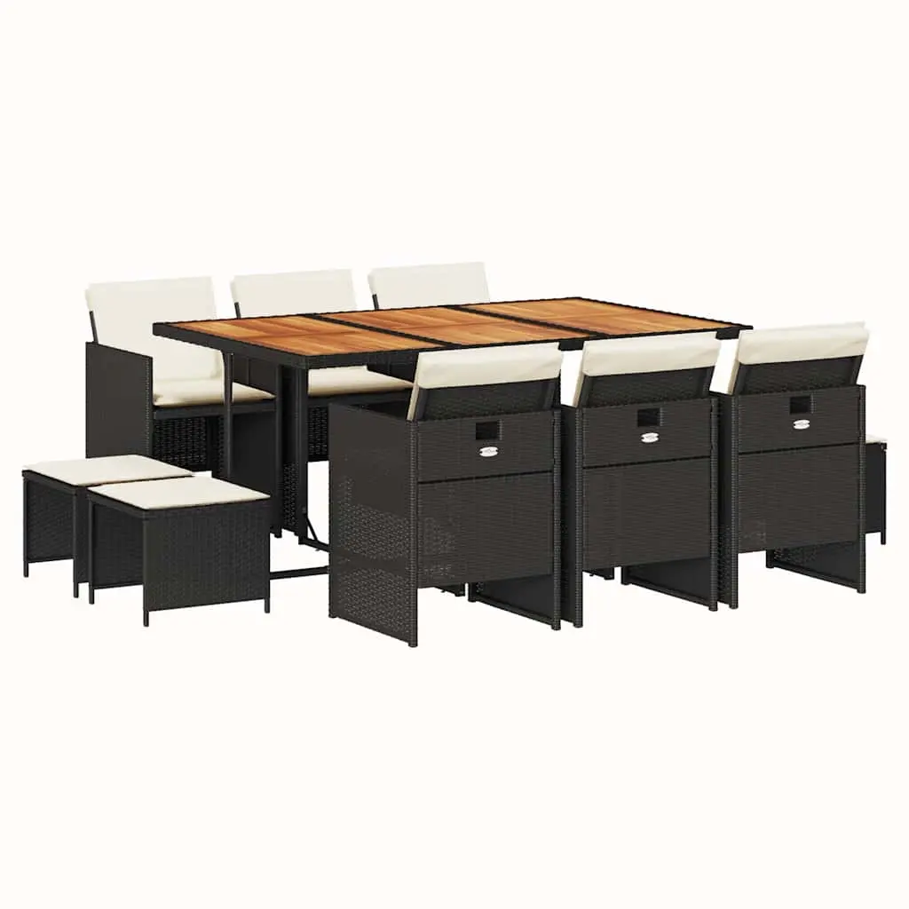 11 Piece Garden Dining Set with Cushions Black Poly Rattan 3210615 - Furniture