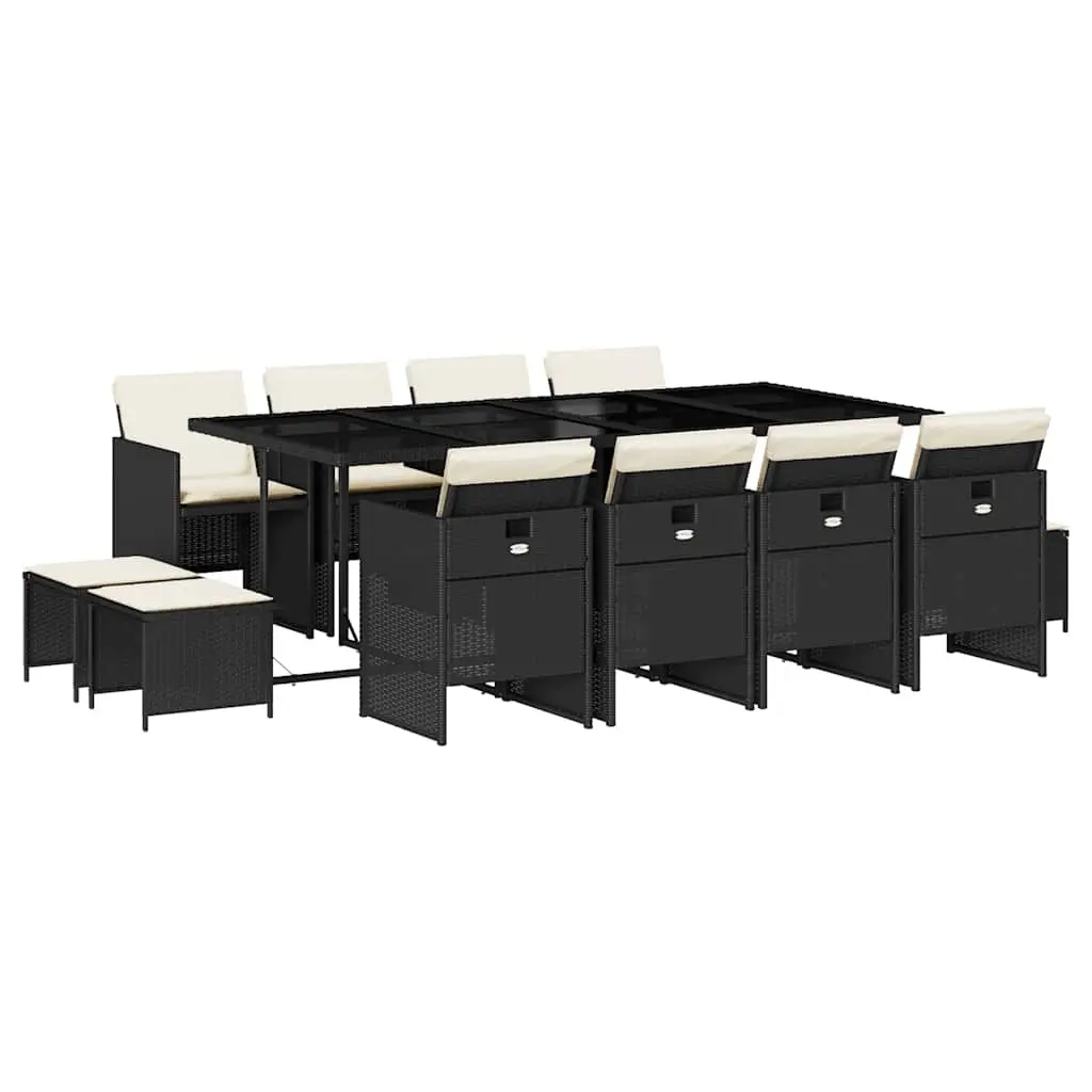 13 Piece Garden Dining Set with Cushions Black Poly Rattan 3210618 - Furniture