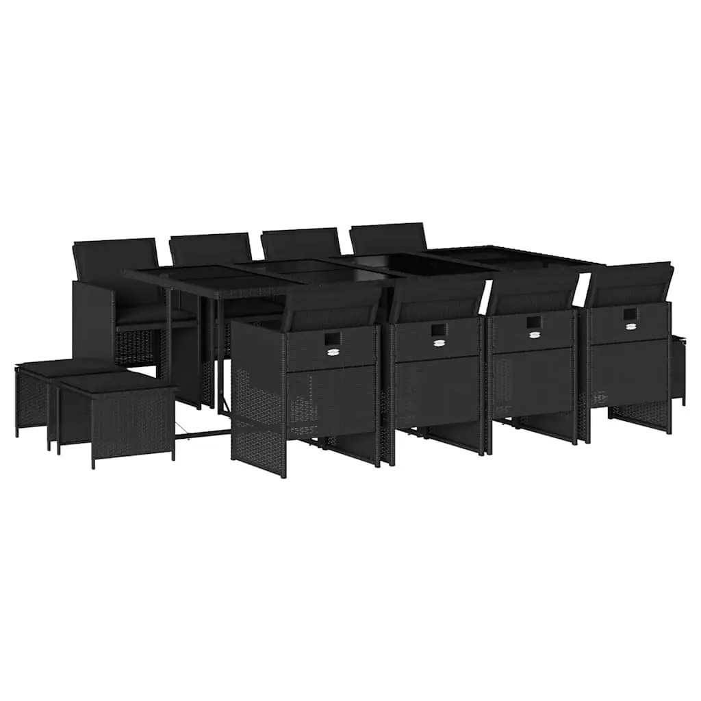 13 Piece Garden Dining Set with Cushions Black Poly Rattan 3210619 - Furniture