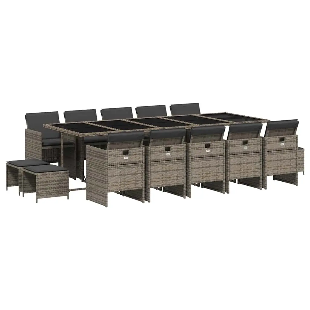 15 Piece Garden Dining Set with Cushions Grey Poly Rattan 3210632 - Furniture