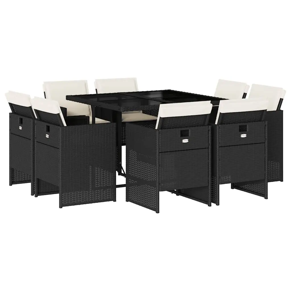 9 Piece Garden Dining Set with Cushions Black Poly Rattan 3210654 - Furniture
