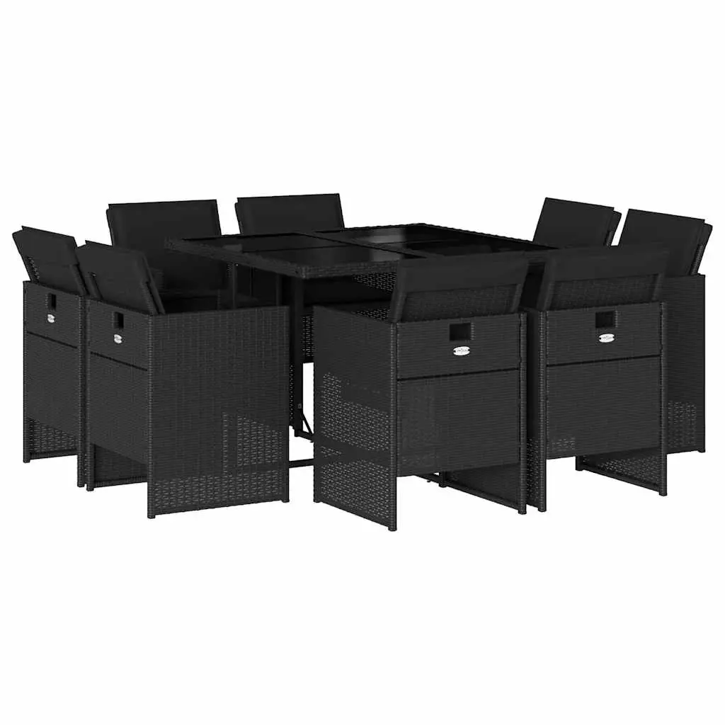 9 Piece Garden Dining Set with Cushions Black Poly Rattan 3210655 - Furniture