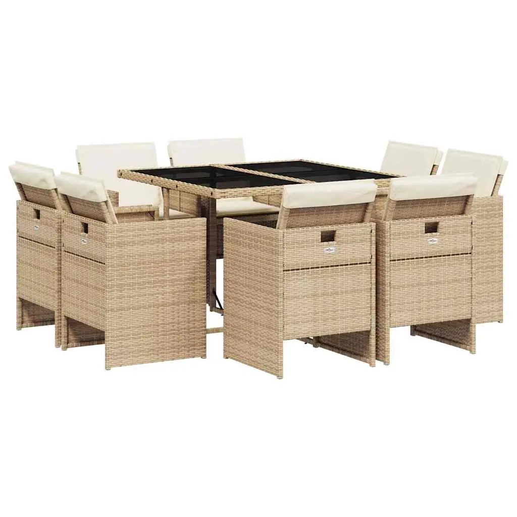 9 Piece Garden Dining Set with Cushions Beige Poly Rattan 3210658 - Furniture